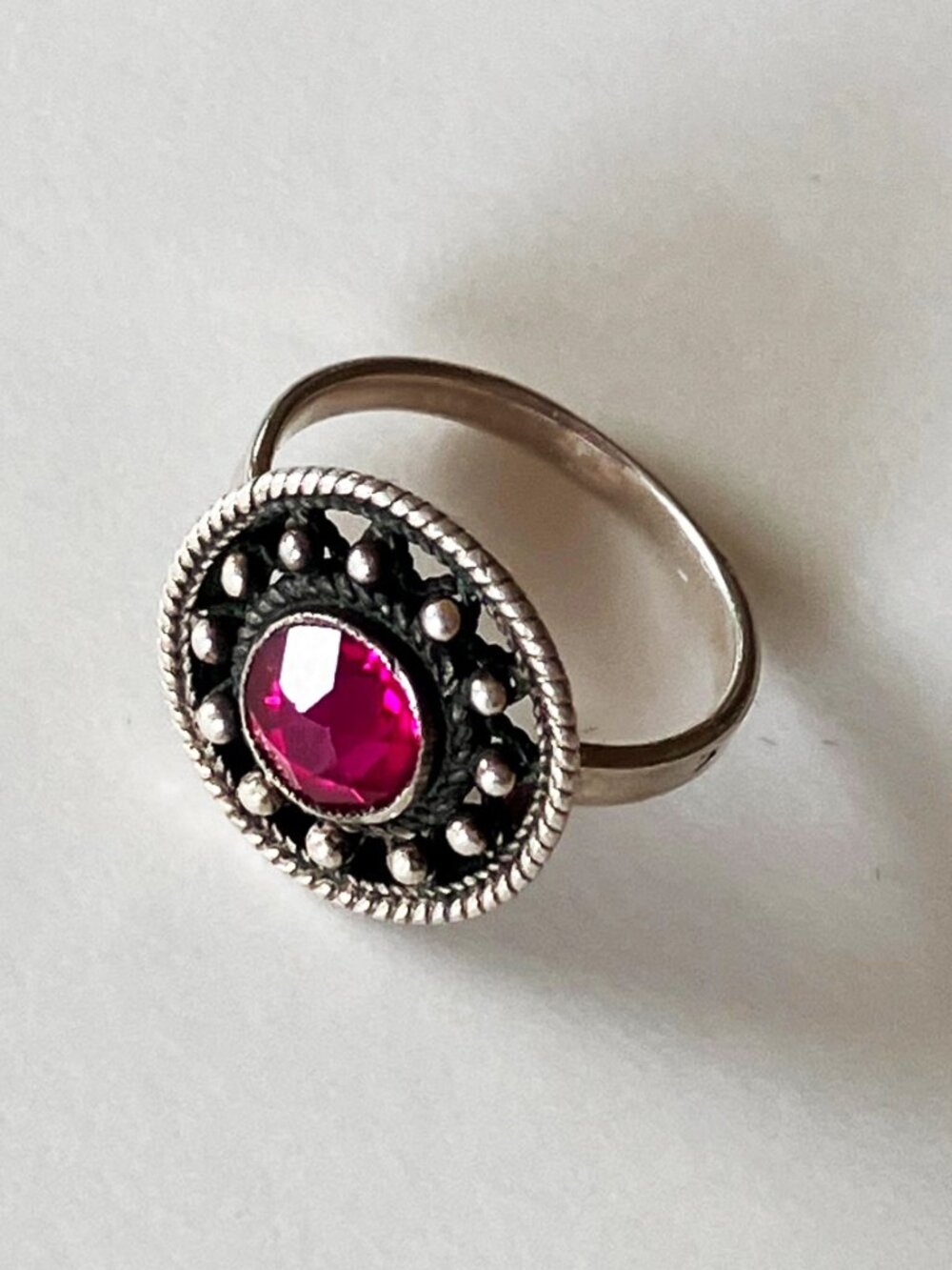 Vintage Soviet-era Sterling Silver and faceted Ruby ring, size 7